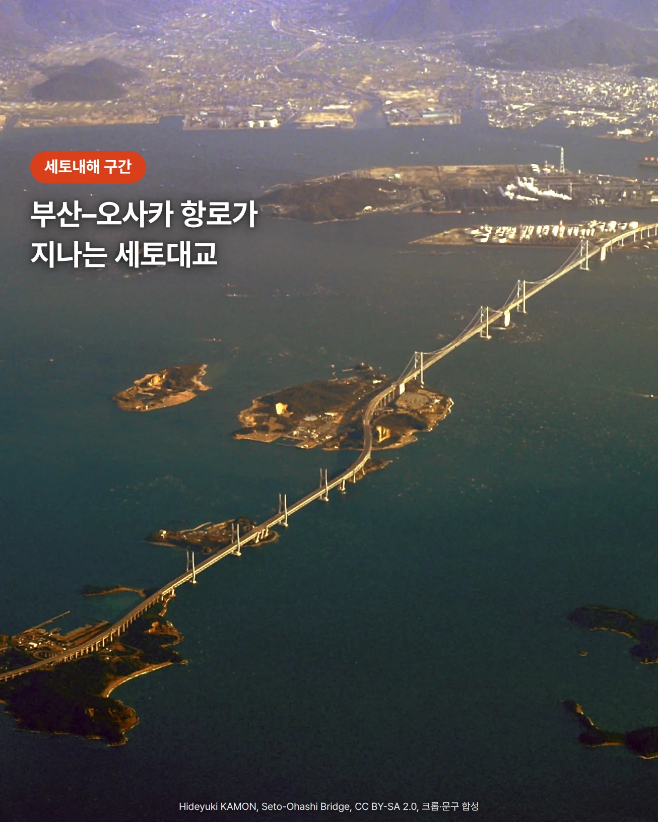 푸른 세토내해 위로 작은 섬들을 징검다리처럼 이으며 대각선으로 길게 뻗은 세토대교를 높은 하늘에서 내려다본 항공 사진. 멀리 해안의 시가지와 산이 보이고, 위쪽에 '세토내해 구간' 배지와 '부산–오사카 항로가 지나는 세토대교' 문구