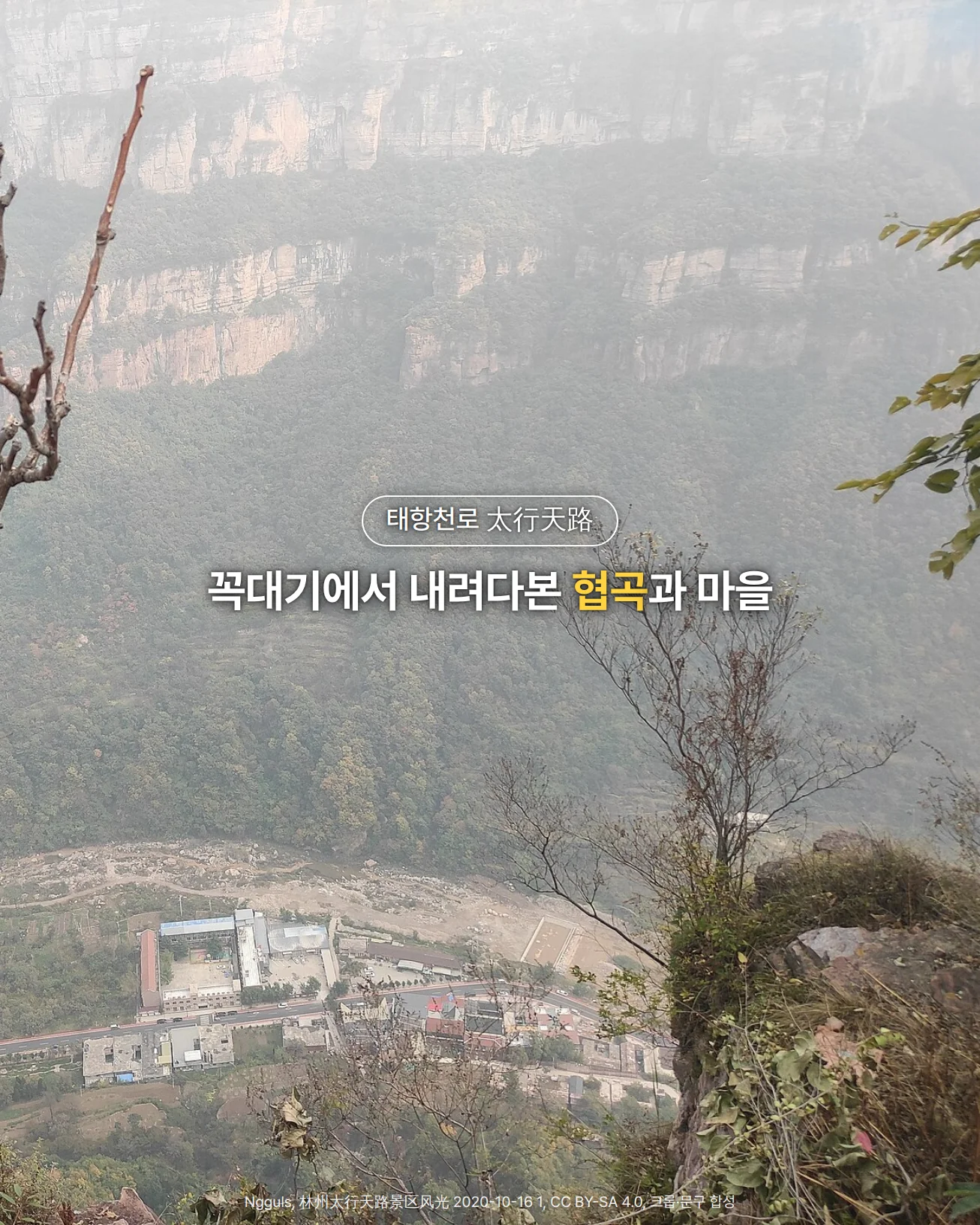 옅은 안개 속에 층층이 선 건너편 절벽과 그 아래 숲 비탈, 골짜기 바닥의 마을 건물들을 높은 곳에서 내려다본 사진. 앞쪽 양옆에 잎이 달린 가지와 마른 나뭇가지가 걸쳐 있습니다. 위쪽에 '태항천로 太行天路', '꼭대기에서 내려다본 협곡과 마을' 문구가 있습니다
