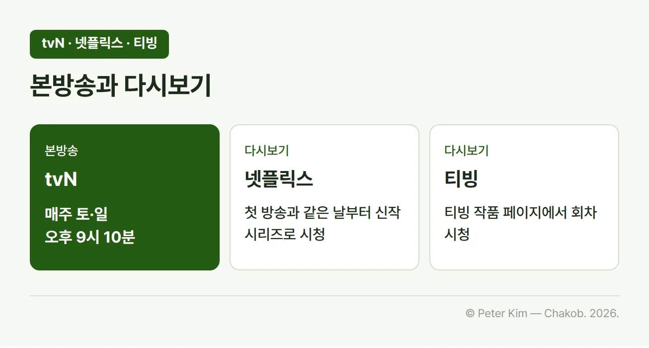 「100일의 거짓말」 시청 방법 비교 카드. tvN 본방송은 매주 토요일과 일요일 오후 9시 10분, 넷플릭스는 첫 방송과 같은 날부터 신작 시리즈로 시청할 수 있고, 티빙은 작품 페이지에서 회차를 시청할 수 있다는 내용