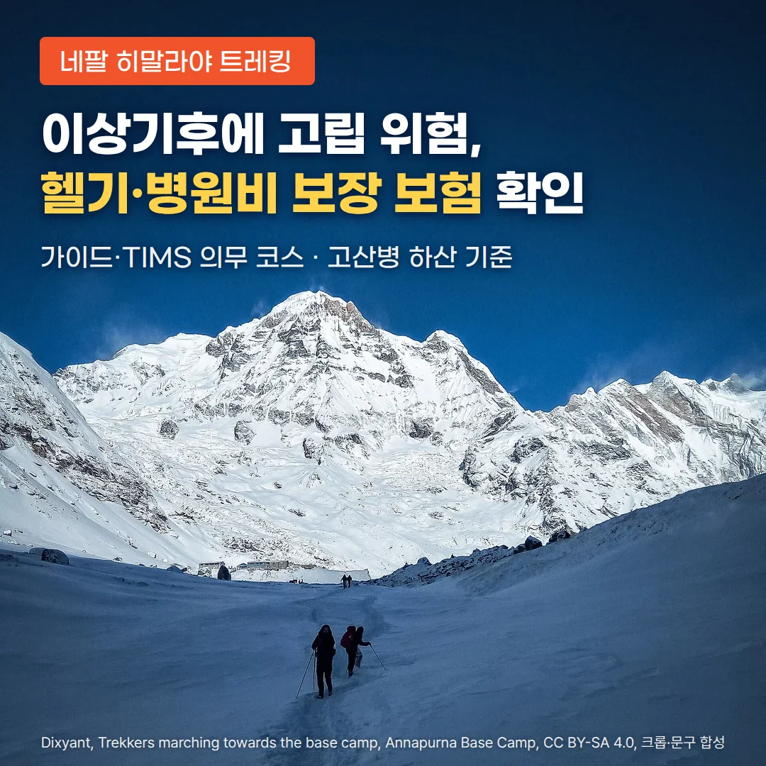 짙은 파란 하늘 아래 눈 덮인 안나푸르나 남벽이 솟아 있고, 깊은 눈길을 따라 트레커 두 명이 스틱을 짚으며 멀리 보이는 베이스캠프 롯지 쪽으로 걸어가는 사진 위에, '네팔 히말라야 트레킹' 배지와 '이상기후에 고립 위험, 헬기·병원비 보장 보험 확인' 제목, '가이드·TIMS 의무 코스 · 고산병 하산 기준' 줄이 놓인 커버