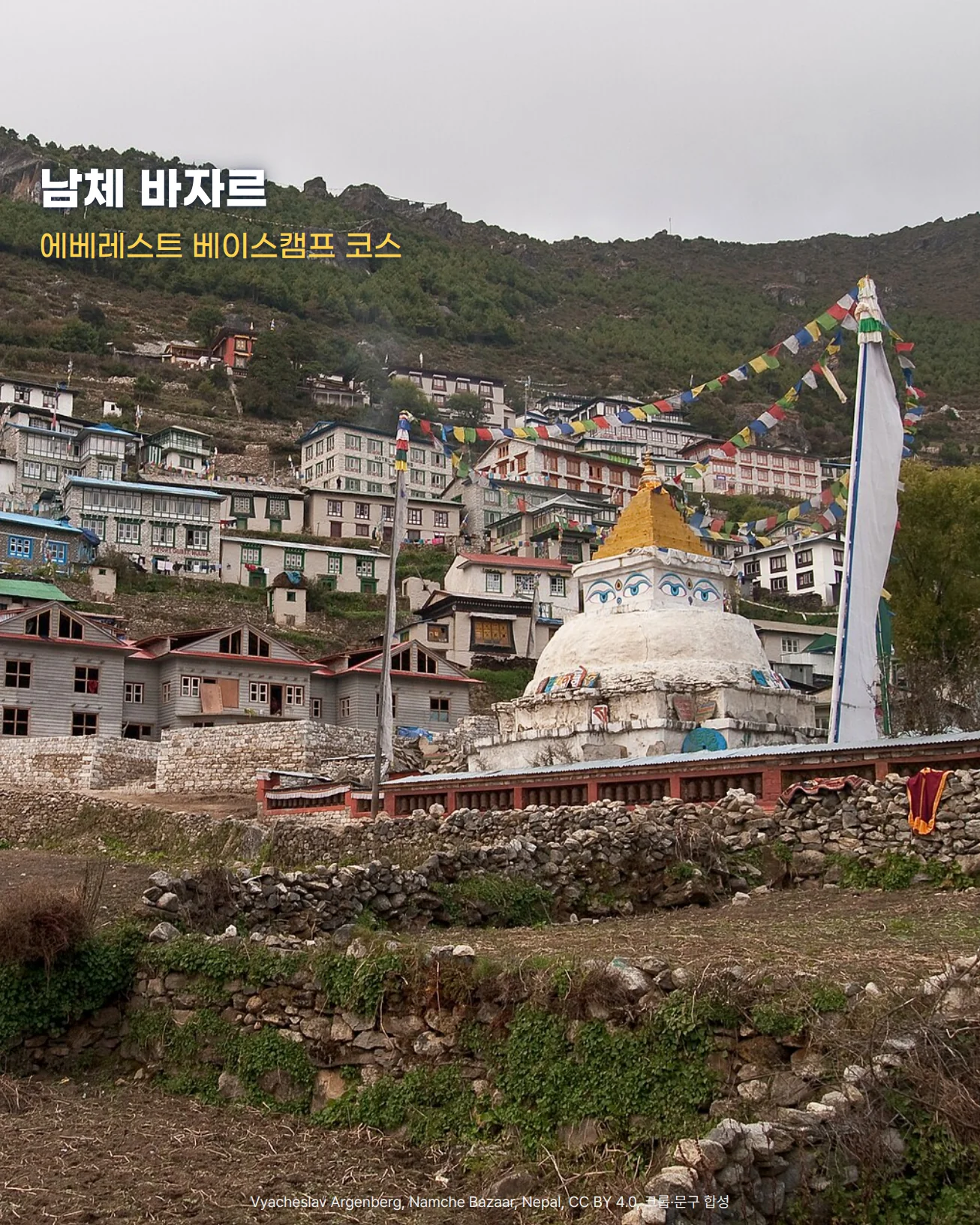 나무가 드문드문한 산비탈에 층층이 들어선 남체 바자르의 롯지와 집들 아래로, 금색 꼭대기에 눈이 그려진 흰 초르텐과 오색 기도 깃발, 돌담을 쌓은 계단식 밭이 보이는 사진입니다. 왼쪽 위에 남체 바자르와 에베레스트 베이스캠프 코스 글자가 있습니다.