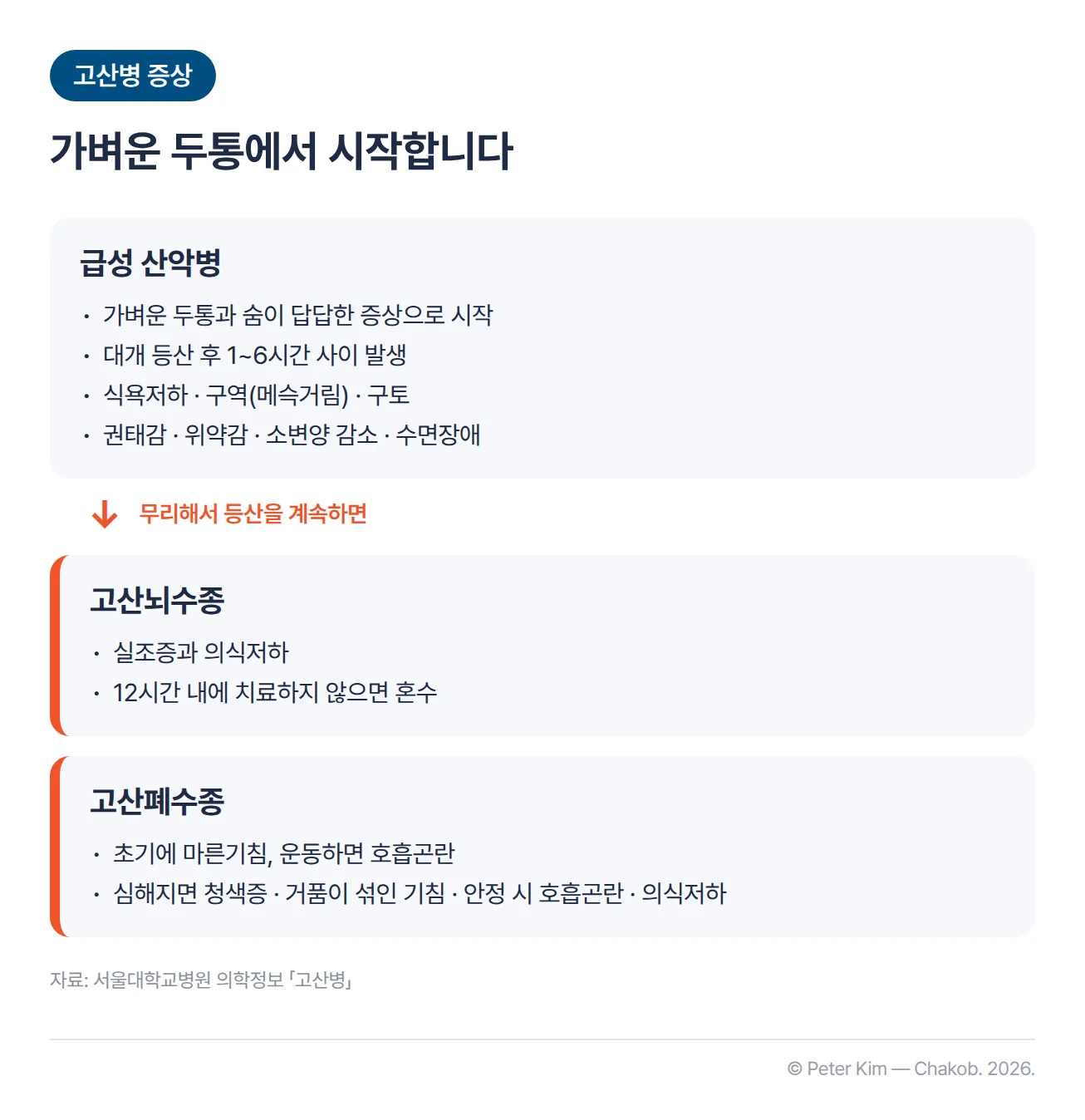 고산병을 급성 산악병, 고산뇌수종, 고산폐수종 세 카드로 나눈 이미지. 급성 산악병은 가벼운 두통과 숨이 답답한 증상으로 시작해 대개 등산 후 1~6시간 사이에 발생하고, 식욕저하·구역·구토, 권태감·위약감, 소변양 감소, 수면장애가 나타날 수 있습니다. 고산뇌수종은 실조증과 의식저하가 나타나고 12시간 내에 치료하지 않으면 혼수에 빠집니다. 고산폐수종은 초기에 마른기침을 하고 운동하면 호흡곤란이 오며, 더 심해지면 청색증, 거품이 섞인 기침, 안정 시 호흡곤란, 의식저하가 발생합니다.