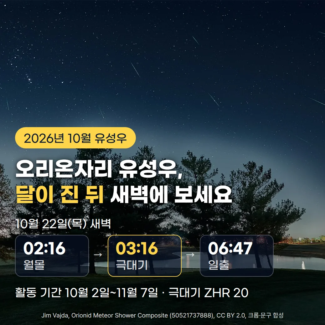 오리온자리 별들 아래 밤하늘 곳곳에 유성 여러 줄기가 흐르고, 나무 실루엣과 호수가 보이는 사진 위에 '2026년 10월 유성우' 배지, '오리온자리 유성우, 달이 진 뒤 새벽에 보세요' 제목, 10월 22일(목) 새벽 02:16 월몰, 03:16 극대기, 06:47 일출 시각 카드, '활동 기간 10월 2일~11월 7일 · 극대기 ZHR 20' 문구가 놓인 커버