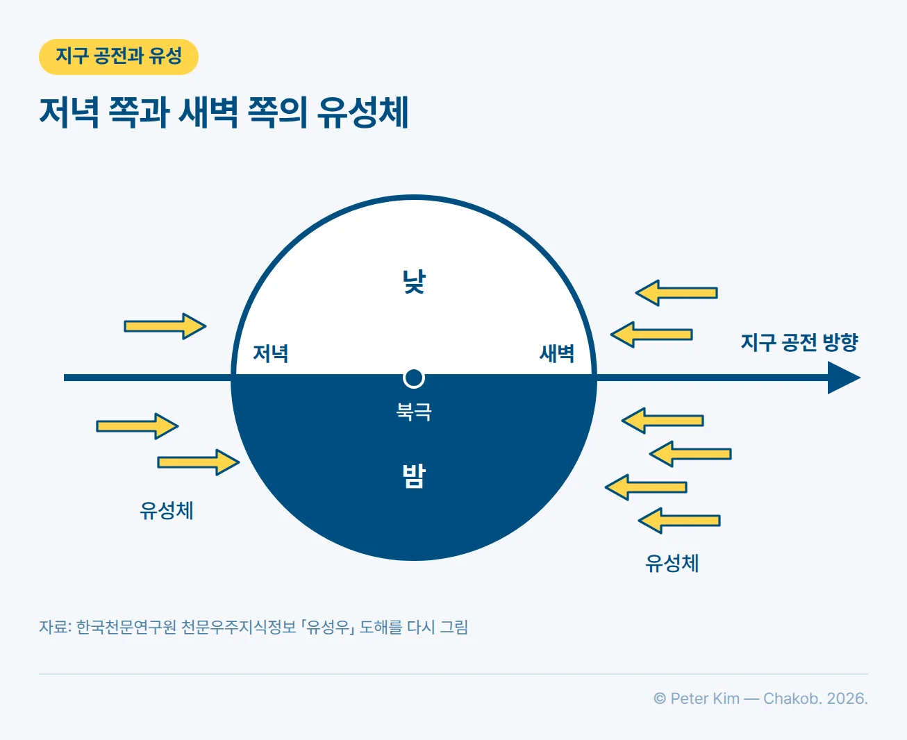 지구를 북극 위에서 내려다본 도해. 원의 위쪽 절반은 낮, 아래쪽 절반은 밤이고, 가운데 북극을 지나 오른쪽으로 지구 공전 방향 화살표가 뻗어 있습니다. 원의 왼쪽 경계는 저녁, 오른쪽 경계는 새벽이며, 저녁 쪽에는 지구를 뒤쫓는 유성체 화살표 3개, 새벽 쪽에는 지구로 마주 들어오는 유성체 화살표 6개가 그려져 있습니다