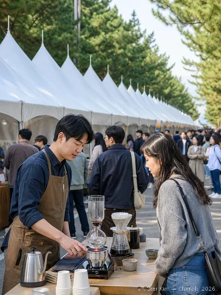 송정솔밭 옆 도로를 따라 이어진 흰 천막 마켓 부스와 오가는 방문객, 앞쪽 부스 테이블 위에서 사이폰과 핸드드립 도구로 커피를 추출하는 체험 장면