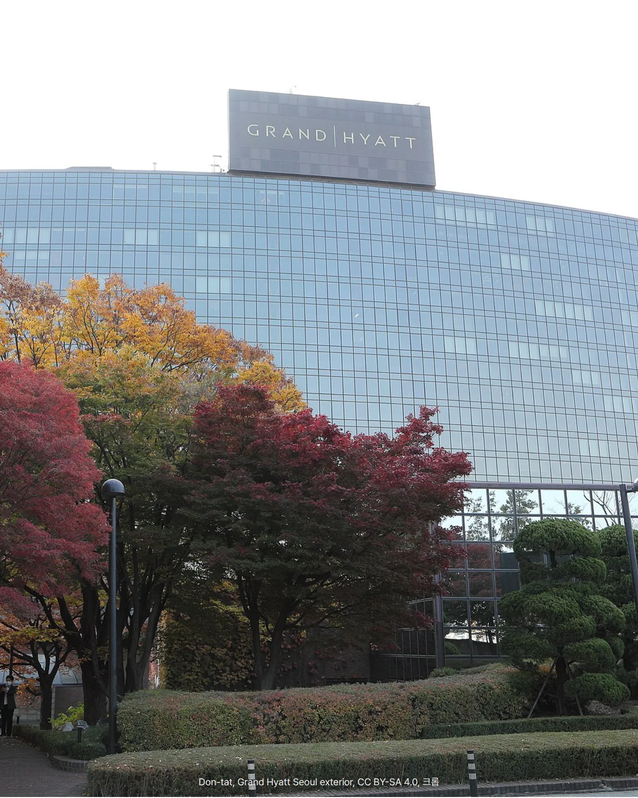 맨 위에 'GRAND HYATT' 간판이 달린 유리 외벽의 호텔 건물 앞으로 붉고 노랗게 단풍 든 나무와 다듬은 정원수가 늘어선 그랜드 하얏트 서울 외관 사진