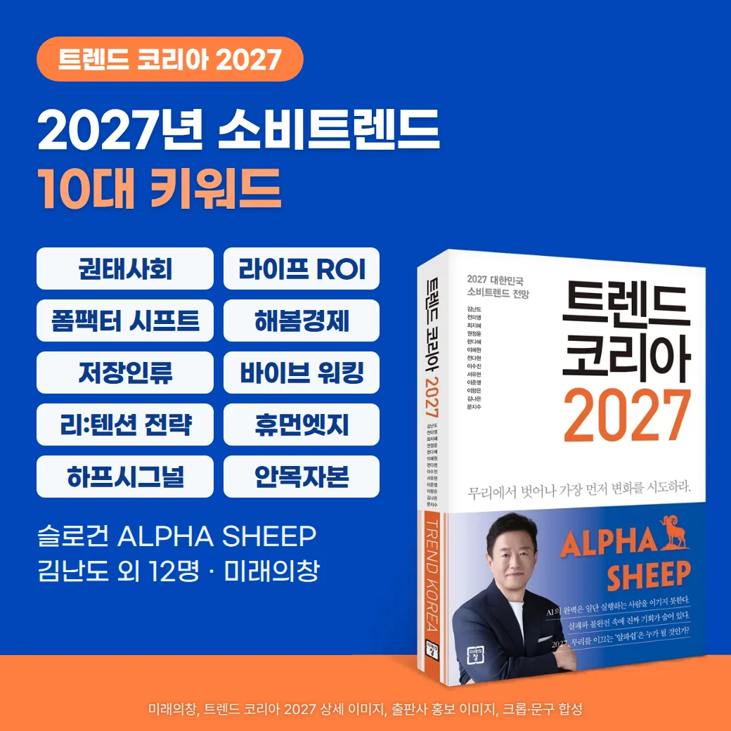 파란 배경 오른쪽 아래에 『트렌드 코리아 2027』 책이 주황색 바닥 위에 서 있고, 왼쪽에 '트렌드 코리아 2027' 배지와 '2027년 소비트렌드 10대 키워드' 헤드라인, 권태사회·라이프 ROI·폼팩터 시프트·해봄경제·저장인류·바이브 워킹·리:텐션 전략·휴먼엣지·하프시그널·안목자본 10개 키워드 칩, '슬로건 ALPHA SHEEP', '김난도 외 12명 · 미래의창' 줄을 배치한 커버