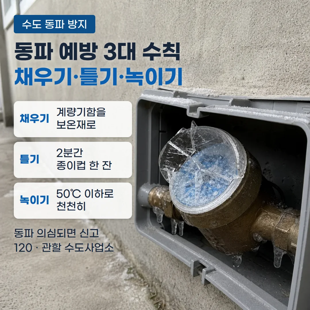 콘크리트 복도 벽에 매립된 회색 수도계량기 보호통이 열려 있고, 그 안의 황동 수도계량기는 유리 덮개가 깨진 채 얼음과 성에가 차 있으며 배관에 고드름이 달려 있습니다. 왼쪽 위에 '수도 동파 방지' 배지와 '동파 예방 3대 수칙 채우기·틀기·녹이기' 제목, 그 아래 '채우기 계량기함을 보온재로', '틀기 2분간 종이컵 한 잔', '녹이기 50℃ 이하로 천천히' 카드 세 장과 '동파 의심되면 신고 120 · 관할 수도사업소' 문구가 있습니다