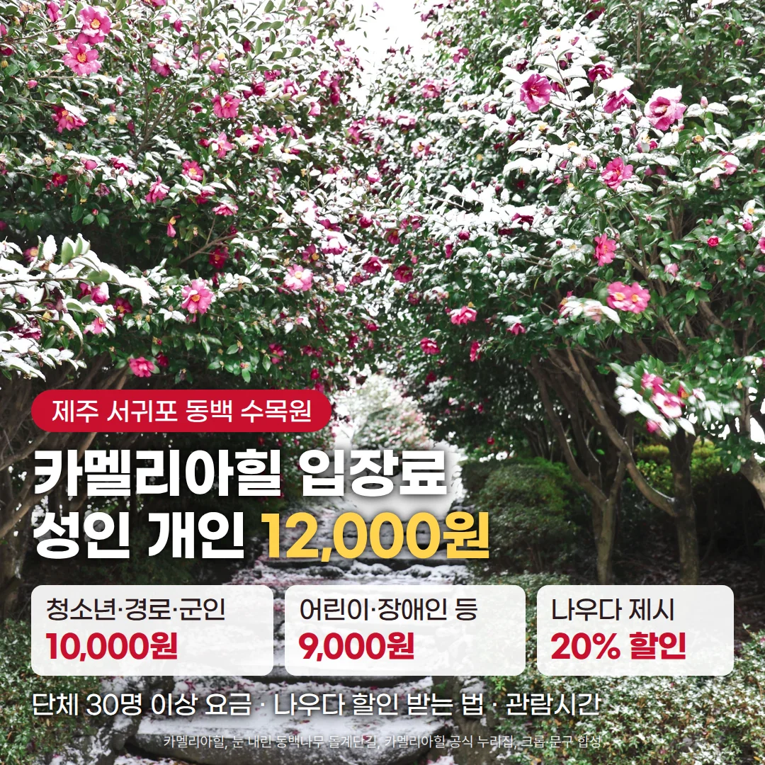 눈이 내린 카멜리아힐 돌계단길 위로 분홍 동백꽃이 핀 나무들이 아치를 이룬 사진 위에 '제주 서귀포 동백 수목원' 배지, '카멜리아힐 입장료 성인 개인 12,000원' 제목, 청소년·경로·군인 10,000원·어린이·장애인 등 9,000원·나우다 제시 20% 할인 요금 카드, '단체 30명 이상 요금 · 나우다 할인 받는 법 · 관람시간' 안내 문구가 놓인 커버