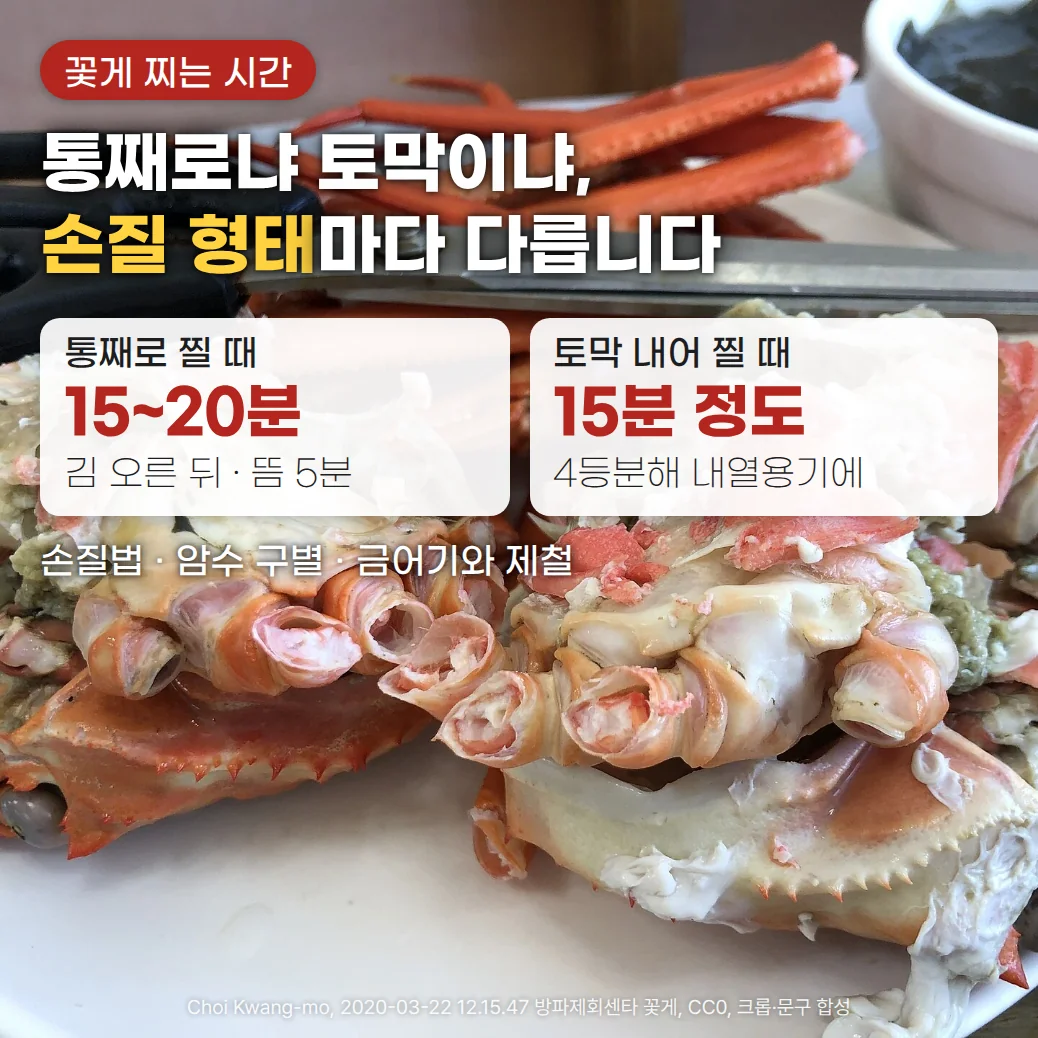 쪄서 반으로 자른 꽃게 두 마리가 흰 접시에 놓이고 뒤로 가위와 붉은 게 다리가 보이는 사진 위에 '꽃게 찌는 시간', '통째로냐 토막이냐, 손질 형태마다 다릅니다' 문구가 들어가 있고, 통째로 찔 때 15~20분(김 오른 뒤 · 뜸 5분), 토막 내어 찔 때 15분 정도(4등분해 내열용기에) 카드 두 장과 '손질법 · 암수 구별 · 금어기와 제철'이 놓인 커버