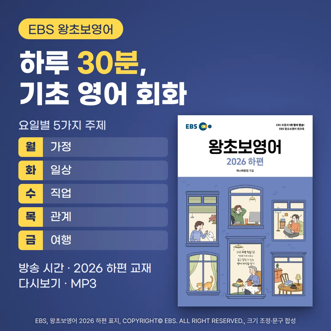 남색 배경 오른쪽에 EBS 왕초보영어 2026 하편 교재 표지가 놓여 있고, 왼쪽 위에 'EBS 왕초보영어' 배지와 '하루 30분, 기초 영어 회화' 제목, 그 아래에 요일별 5가지 주제(월 가정, 화 일상, 수 직업, 목 관계, 금 여행)와 '방송 시간 · 2026 하편 교재 · 다시보기 · MP3' 문구가 있는 커버