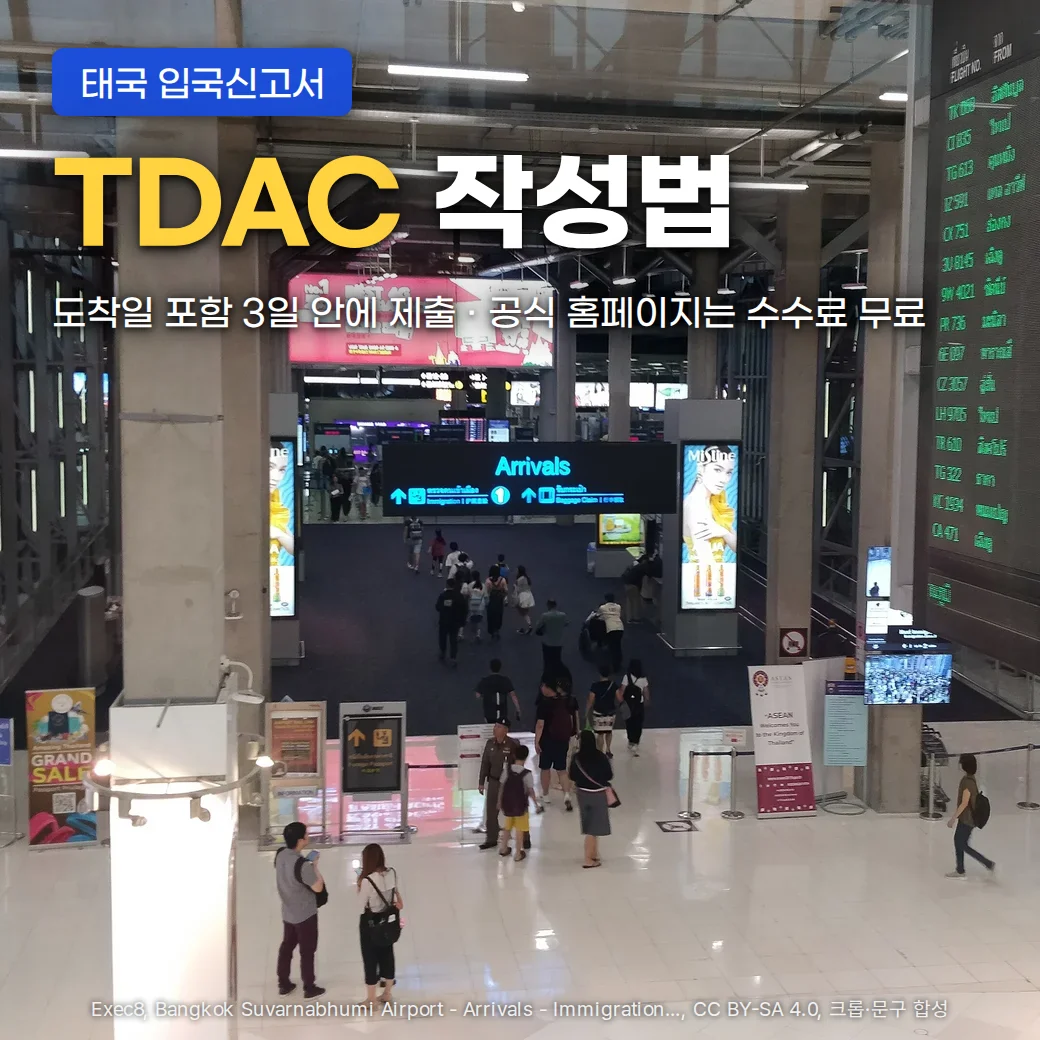 방콕 수완나품 공항 도착층에서 승객들이 Arrivals 안내판 아래 입국심사 방향으로 걸어가는 사진 위에 '태국 입국신고서' 배지, 'TDAC 작성법' 제목, '도착일 포함 3일 안에 제출 · 공식 홈페이지는 수수료 무료' 문구가 있는 커버