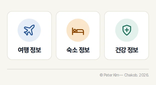 비행기, 침대, 십자 방패 아이콘이 나란히 있고 각 아이콘 아래에 '여행 정보', '숙소 정보', '건강 정보' 라벨이 있습니다.