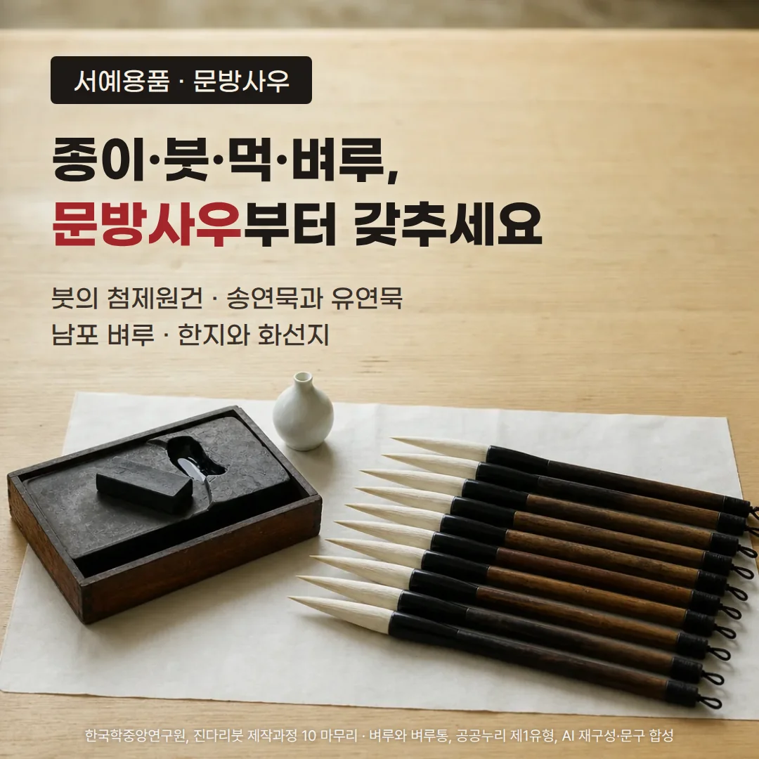 나무 탁자 위 한지에 나무 벼루통에 담긴 벼루와 먹, 흰 연적, 흰 털의 붓 열 자루가 나란히 놓인 사진 위에 '서예용품 · 문방사우' 배지와 '종이·붓·먹·벼루, 문방사우부터 갖추세요' 제목, '붓의 첨제원건 · 송연묵과 유연묵 · 남포 벼루 · 한지와 화선지' 부제가 있는 커버