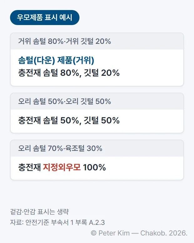 우모제품 표시방법 예시 세 가지를 라벨 모양으로 정리한 카드 — 거위 솜털 80%·거위 깃털 20% 제품은 '솜털(다운) 제품(거위)'와 '충전재 솜털 80%, 깃털 20%', 오리 솜털 50%·오리 깃털 50% 제품은 '충전재 솜털 50%, 깃털 50%', 오리 솜털 70%·육조털 30% 제품은 '충전재 지정외우모 100%'로 표시