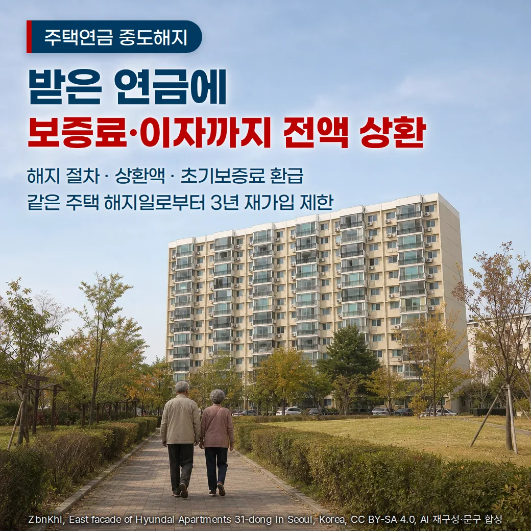 맑은 낮 하늘 아래 오래된 베이지색 중층 아파트 한 동과, 단지 안 보행로를 나란히 걸어가는 백발의 노년 부부 뒷모습 사진. 상단 하늘에 주택연금 중도해지 badge, 받은 연금에 보증료·이자까지 전액 상환, 해지 절차 · 상환액 · 초기보증료 환급, 같은 주택 해지일로부터 3년 재가입 제한 문구를 넣은 대표 이미지