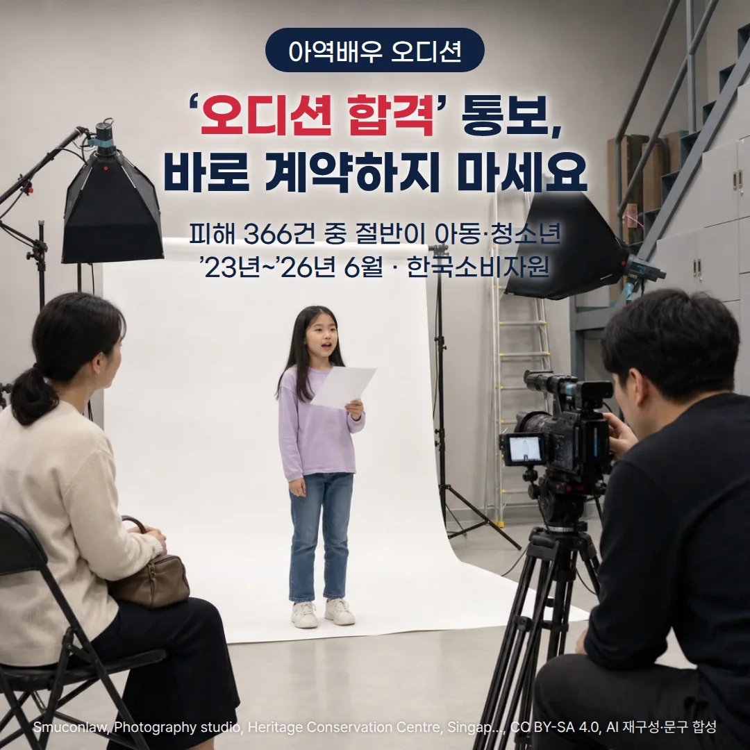 흰 배경지 앞에서 대본을 든 아이가 카메라 테스트를 받고, 왼쪽에는 보호자가 의자에 앉아 지켜보며 오른쪽에서 촬영 담당자가 삼각대 카메라를 잡은 사진 위에 '아역배우 오디션' 배지와 ''오디션 합격' 통보, 바로 계약하지 마세요' 제목, '피해 366건 중 절반이 아동·청소년', ''23년~'26년 6월 · 한국소비자원' 문구가 있는 커버