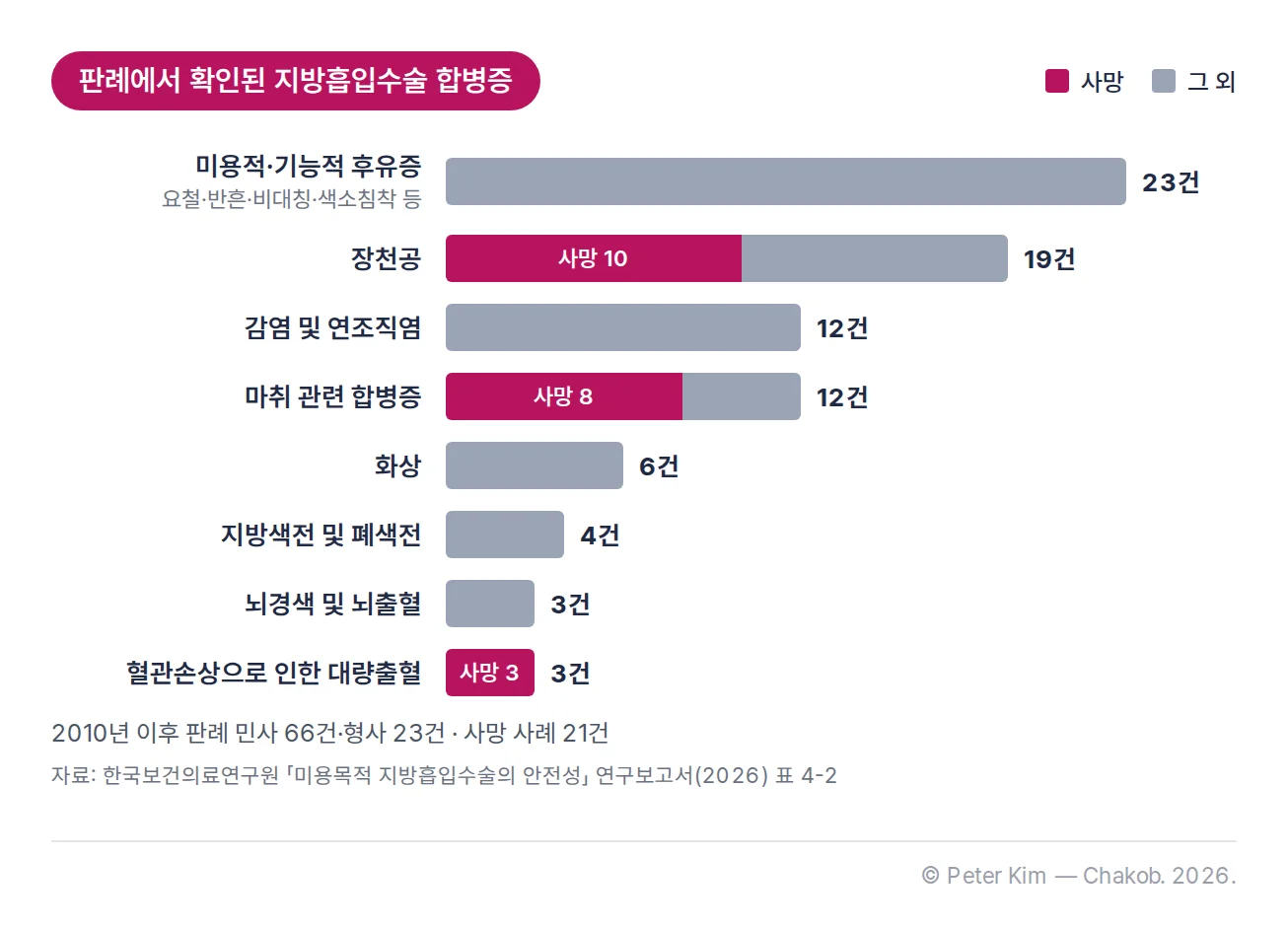 2010년 이후 지방흡입수술 의료소송 판례(민사 66건, 형사 23건)에서 확인된 주요 합병증 유형별 건수 가로 막대 차트. 요철·반흔·비대칭·색소침착 등 미용적·기능적 후유증 23건, 장천공 19건(사망 10건, 생존 9건), 감염 및 연조직염 12건, 마취 관련 합병증 12건(사망 8건, 생존 4건), 화상 6건, 지방색전 및 폐색전 4건, 뇌경색 및 뇌출혈 3건, 혈관손상으로 인한 대량출혈 3건(모두 사망). 사망 사례는 모두 21건