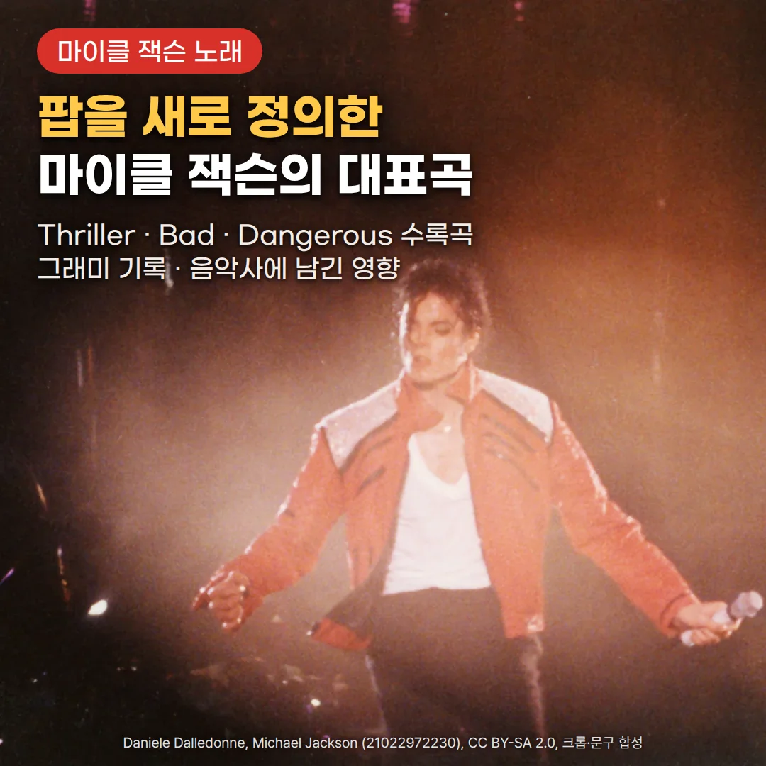 1992년 이탈리아 몬차 Dangerous Tour 무대에서 빨간 재킷을 입고 조명을 받으며 서 있는 마이클 잭슨의 공연 사진 위에, '마이클 잭슨 노래' 배지와 '팝을 새로 정의한 마이클 잭슨의 대표곡'이라는 제목, 'Thriller · Bad · Dangerous 수록곡', '그래미 기록 · 음악사에 남긴 영향'이라는 설명을 합성한 커버