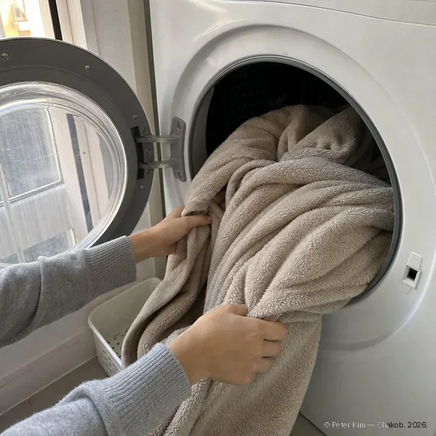 문이 열린 흰색 드럼 건조기 앞에서 두 손이 도톰한 베이지색 극세사 이불을 뒤집어 드럼 안으로 다시 넣고 있는 장면