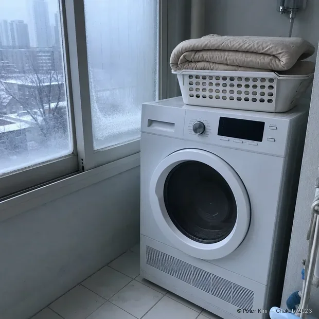 겨울철 아파트 베란다의 다용도실에 놓인 흰색 드럼 건조기. 옆 창문에는 김이 서려 있고 차가운 겨울 햇빛이 들어오며, 건조기 위 바구니에 베이지색 이불이 접혀 있음