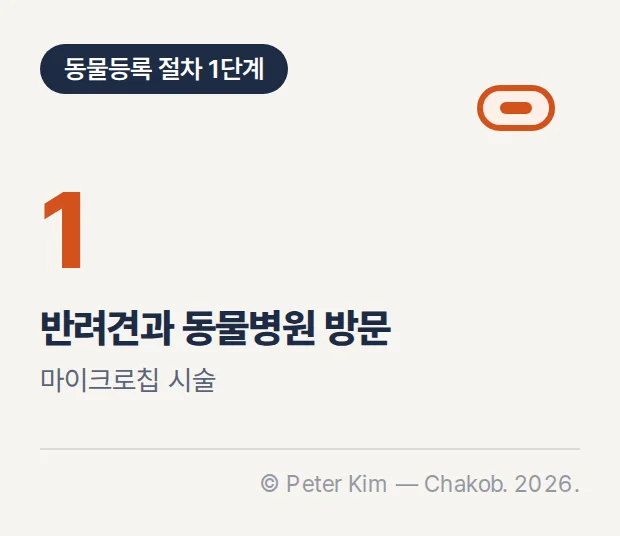 동물등록 절차 1단계 카드. 큰 숫자 1와 '반려견과 동물병원 방문', '마이크로칩 시술' 문구, 오른쪽 위에 마이크로칩 아이콘이 있습니다.