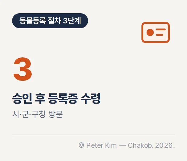 동물등록 절차 3단계 카드. 큰 숫자 3와 '승인 후 등록증 수령', '시·군·구청 방문' 문구, 오른쪽 위에 등록증 아이콘이 있습니다.