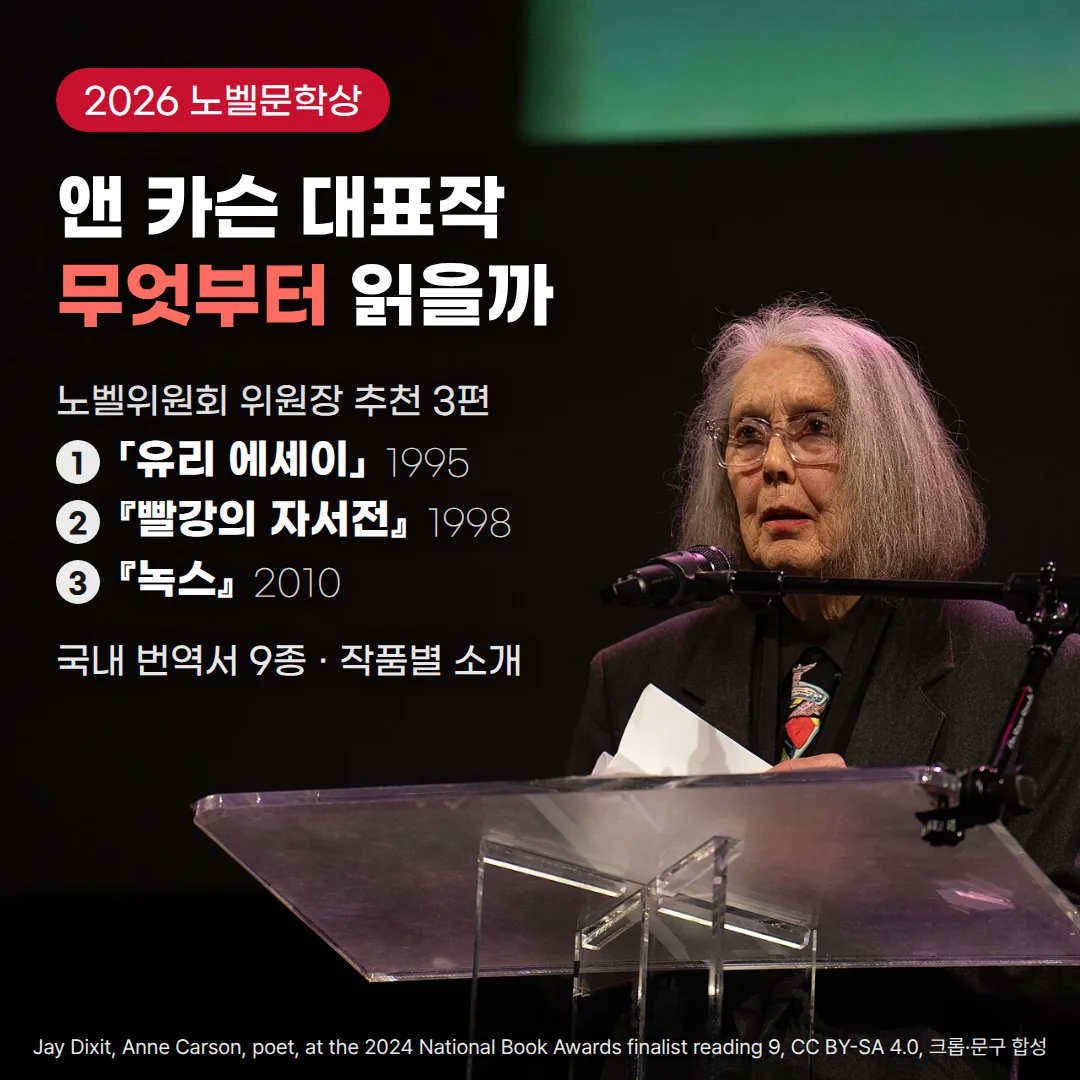 어두운 무대의 투명 강연대 앞에서 원고를 들고 낭독하는 앤 카슨. 왼쪽에 '2026 노벨문학상' 배지와 '앤 카슨 대표작 무엇부터 읽을까' 제목, 노벨위원회 위원장 추천 3편으로 「유리 에세이」 1995, 『빨강의 자서전』 1998, 『녹스』 2010, 그리고 '국내 번역서 9종 · 작품별 소개'가 있습니다