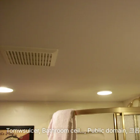 욕실 천장에 달린 사각 환풍기 배기 그릴과 천장 조명, 아래쪽에 수건이 걸린 샤워부스 윗부분