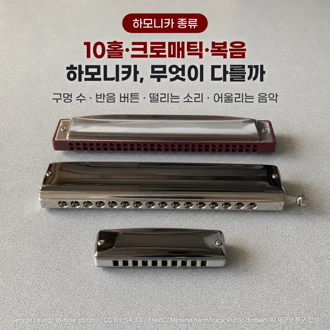 회색 탁자 위에 빨간 몸통의 긴 복음 하모니카, 오른쪽 끝에 반음 버튼이 달린 크로매틱 하모니카, 손바닥 크기의 10홀 하모니카가 위에서부터 나란히 놓여 있고, 위쪽에 '하모니카 종류' 배지와 '10홀·크로매틱·복음 하모니카, 무엇이 다를까' 제목, '구멍 수 · 반음 버튼 · 떨리는 소리 · 어울리는 음악' 부제가 있는 커버