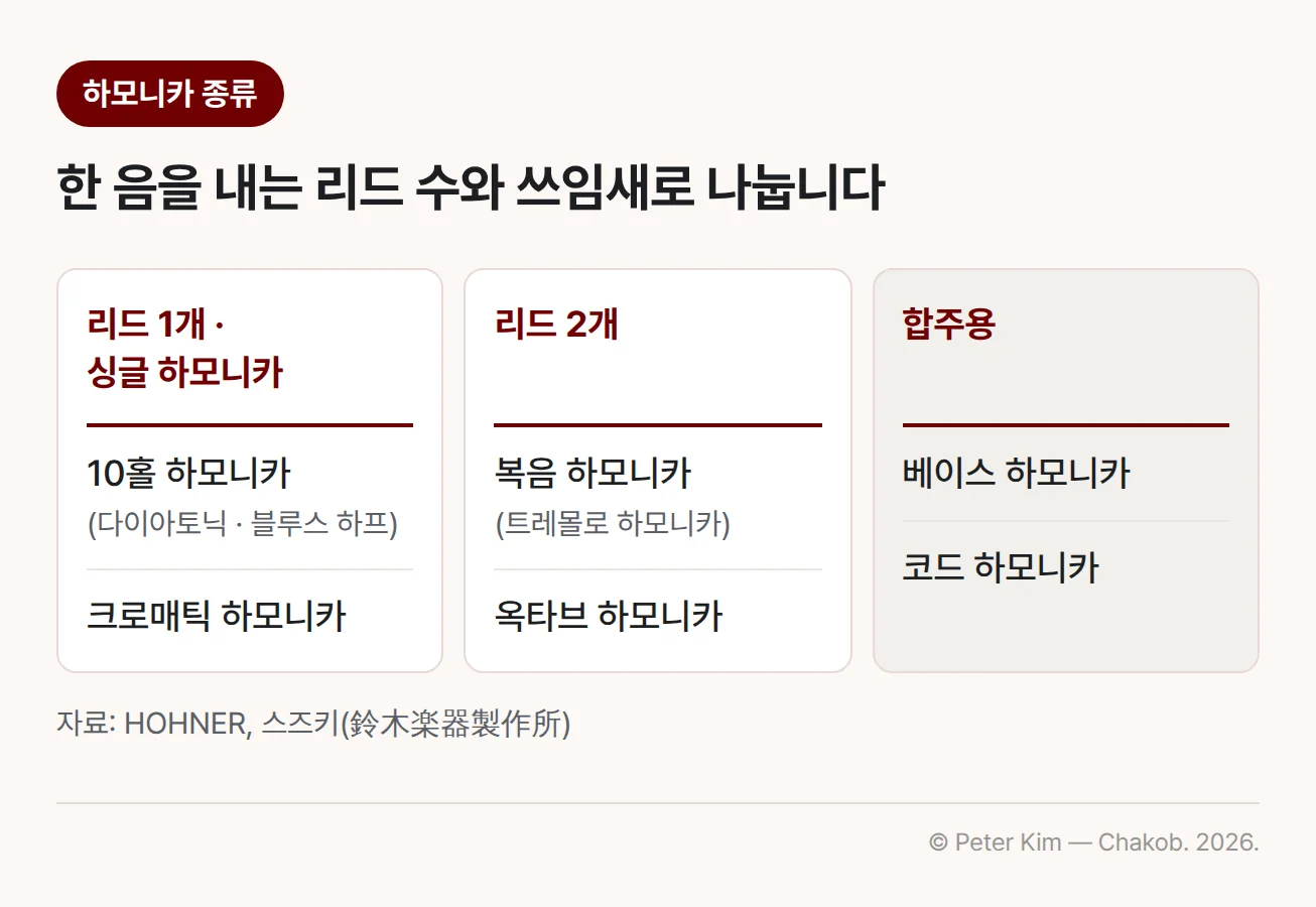 하모니카 종류를 한 음을 내는 리드 수와 쓰임새로 나눈 분류도. 한 음을 리드 1개가 내는 싱글 하모니카에는 10홀 하모니카(다이아토닉, 블루스 하프)와 크로매틱 하모니카가, 한 음을 리드 2개가 함께 내는 하모니카에는 복음 하모니카(트레몰로 하모니카)와 옥타브 하모니카가 있고, 합주에서 반주를 맡는 합주용 하모니카에는 베이스 하모니카와 코드 하모니카가 있다는 내용