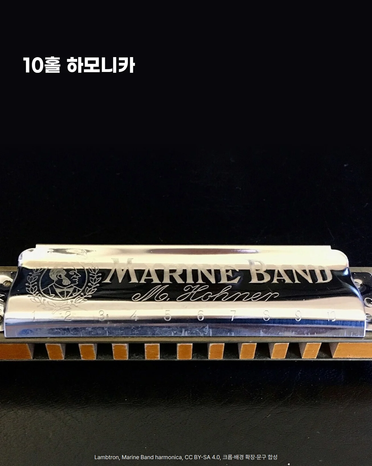 검은 가죽 바탕 위에 정면으로 놓인 Hohner Marine Band 10홀 하모니카. 은색 커버에 'MARINE BAND M. Hohner' 각인과 1부터 10까지의 구멍 번호가 있고, 그 아래 나무 몸체 사이로 구멍 10개가 나란히 보이는 사진 위쪽에 '10홀 하모니카' 문구가 놓인 앨범 이미지