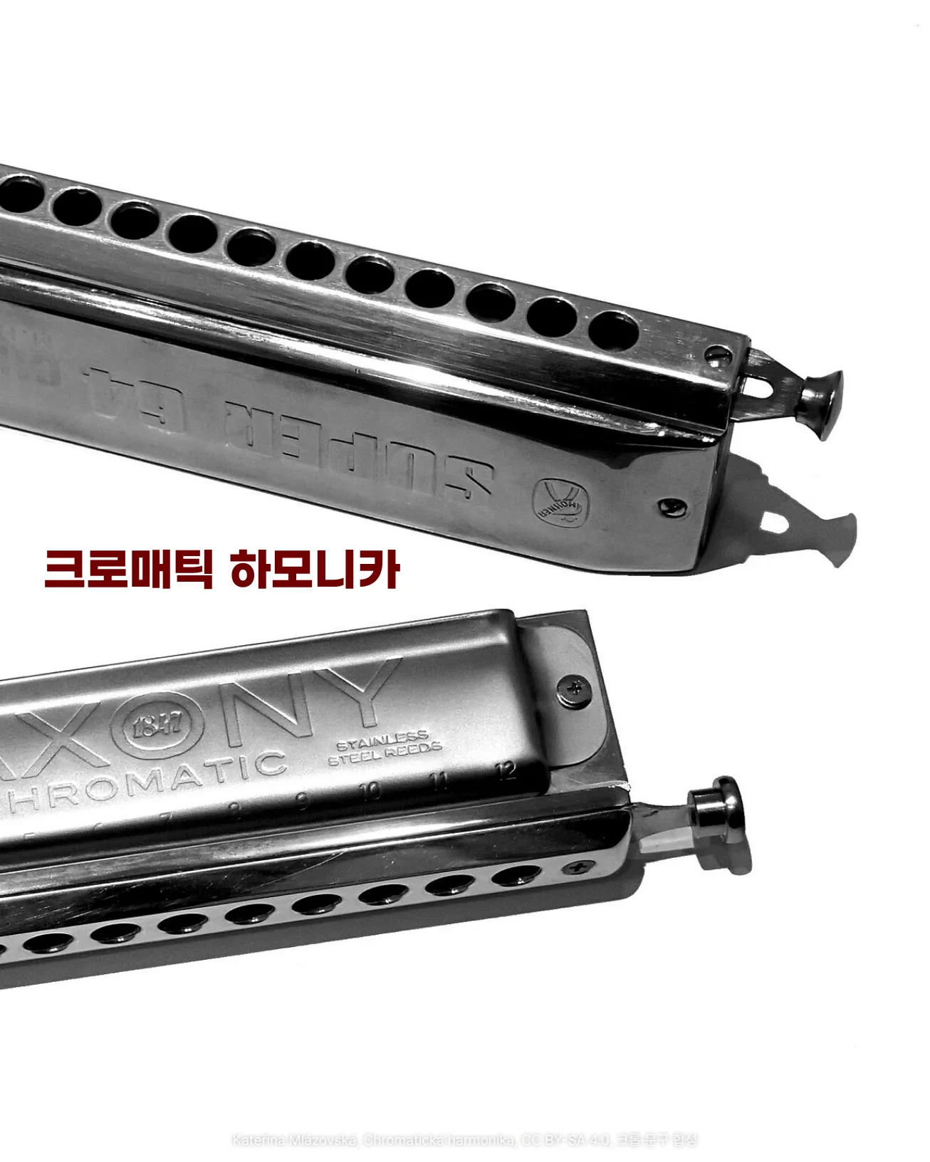 흰 바탕 위에 놓인 크로매틱 하모니카 두 대의 오른쪽 부분을 담은 흑백 사진. 위쪽은 동그란 구멍이 한 줄로 난 HOHNER Super 64, 아래쪽은 'SAXONY CHROMATIC' 각인이 있는 하모니카이고, 두 대 모두 오른쪽 끝에 누르는 슬라이드 레버가 달려 있으며, 두 하모니카 사이 빈 곳에 '크로매틱 하모니카' 문구가 놓인 앨범 이미지