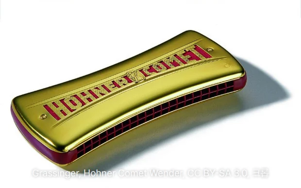 흰 바탕 위에 비스듬히 놓인 HOHNER Comet 옥타브 하모니카. 가운데가 잘록하게 휜 금색 커버에 빨간 'HOHNER COMET' 글자가 새겨져 있고, 옆면에 구멍이 위아래 두 줄로 나 있는 사진