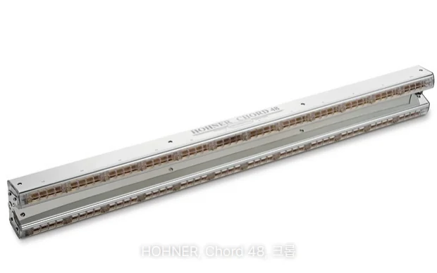 흰 바탕 위에 비스듬히 놓인 HOHNER Chord 48 코드 하모니카. 길쭉한 은색 몸체가 위아래 두 단으로 되어 있고, 각 단을 따라 구멍이 길게 이어진 사진