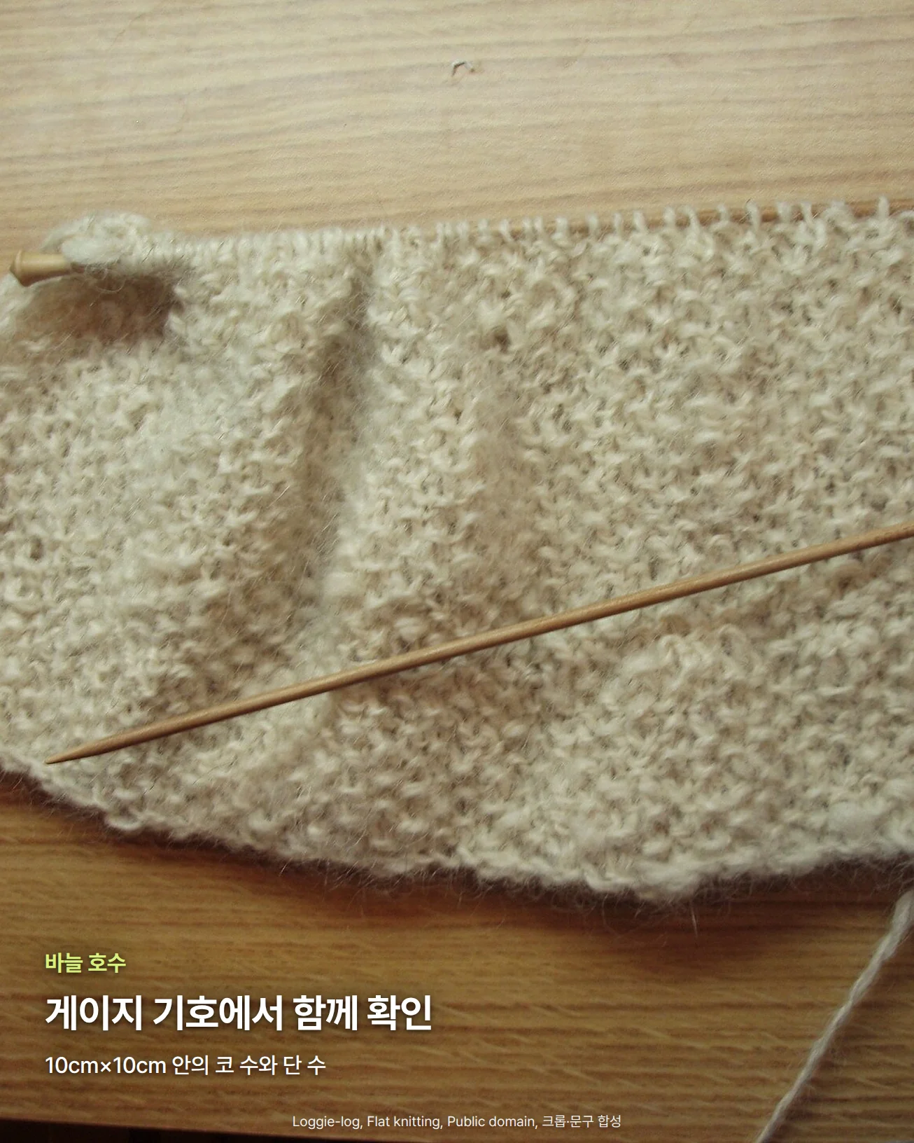 나무 책상 위에 베이지색 보송한 실로 뜬 평면 편물이 놓여 있고, 나무 대바늘 하나는 편물 윗단에 코가 걸려 있고 다른 하나는 편물 위를 비스듬히 가로지르는 사진입니다. 아래쪽 나무 책상 위에 '바늘 호수' 문구와 '게이지 기호에서 함께 확인' 제목, '10cm×10cm 안의 코 수와 단 수' 문구가 있습니다.
