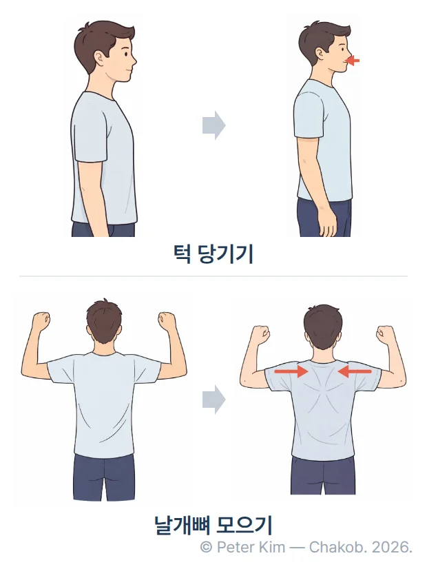 두 동작을 전후로 비교한 그림입니다. 위 줄은 옆모습의 사람이 턱을 뒤로 당기기 전과 후이고, 당긴 쪽 턱 앞에 뒤쪽을 가리키는 화살표가 있습니다. 아래 줄은 뒷모습의 사람이 팔꿈치를 굽혀 양팔을 벌린 채 양쪽 날개뼈를 등 가운데로 모으기 전과 후이고, 두 날개뼈 위에 서로 마주 보는 화살표가 있습니다