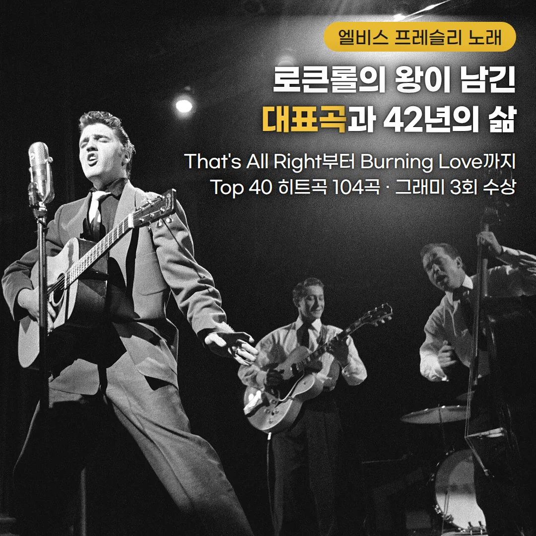 1956년 무대 조명 아래에서 어쿠스틱 기타를 메고 마이크 앞에서 노래하는 엘비스 프레슬리, 그 뒤에서 기타를 치는 스코티 무어와 콘트라베이스를 연주하는 빌 블랙의 흑백 사진. 오른쪽 위에 '엘비스 프레슬리 노래' 배지와 '로큰롤의 왕이 남긴 대표곡과 42년의 삶' 제목, 'That's All Right부터 Burning Love까지', 'Top 40 히트곡 104곡 · 그래미 3회 수상' 문구가 있습니다.