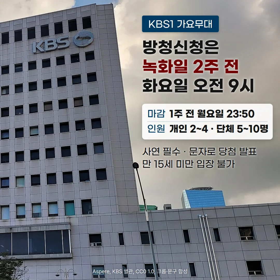 여의도 KBS 별관 건물과 KBS 로고 옆 흐린 하늘 위에 'KBS1 가요무대' 배지, '방청신청은 녹화일 2주 전 화요일 오전 9시' 제목, 마감 1주 전 월요일 23:50·인원 개인 2~4 · 단체 5~10명 표, '사연 필수 · 문자로 당첨 발표, 만 15세 미만 입장 불가' 문구가 놓인 커버