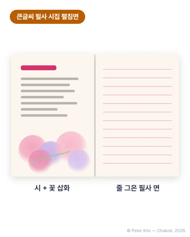 펼친 책 그림. 왼쪽 면에는 시 제목과 시 본문 줄 아래에 분홍빛 수채 꽃 삽화가 있고, 오른쪽 면에는 가로줄이 그어진 빈 필사 면이 있습니다