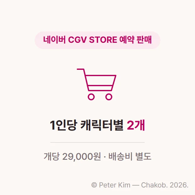 네이버 CGV STORE 예약 판매 조건 카드 — 장바구니 아이콘 아래 1인당 캐릭터별 2개, 개당 29,000원에 배송비 별도