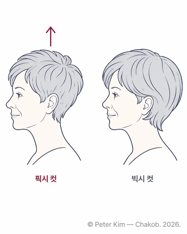 60대 여성의 옆모습 선화 두 개. 왼쪽은 옆과 뒤를 짧게 치고 윗머리를 풍성하게 남긴 픽시 컷, 오른쪽은 그보다 길어 보브와 픽시 사이 길이인 빅시 컷이며 각각 '픽시 컷', '빅시 컷' 라벨이 있습니다.
