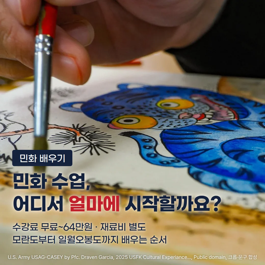 붓을 쥔 손이 파란 호랑이와 까치, 소나무가 그려진 민화를 채색하는 장면 위에 '민화 배우기' 배지와 '민화 수업, 어디서 얼마에 시작할까요?' 제목, '수강료 무료~64만원 · 재료비 별도', '모란도부터 일월오봉도까지 배우는 순서' 문구가 놓인 커버