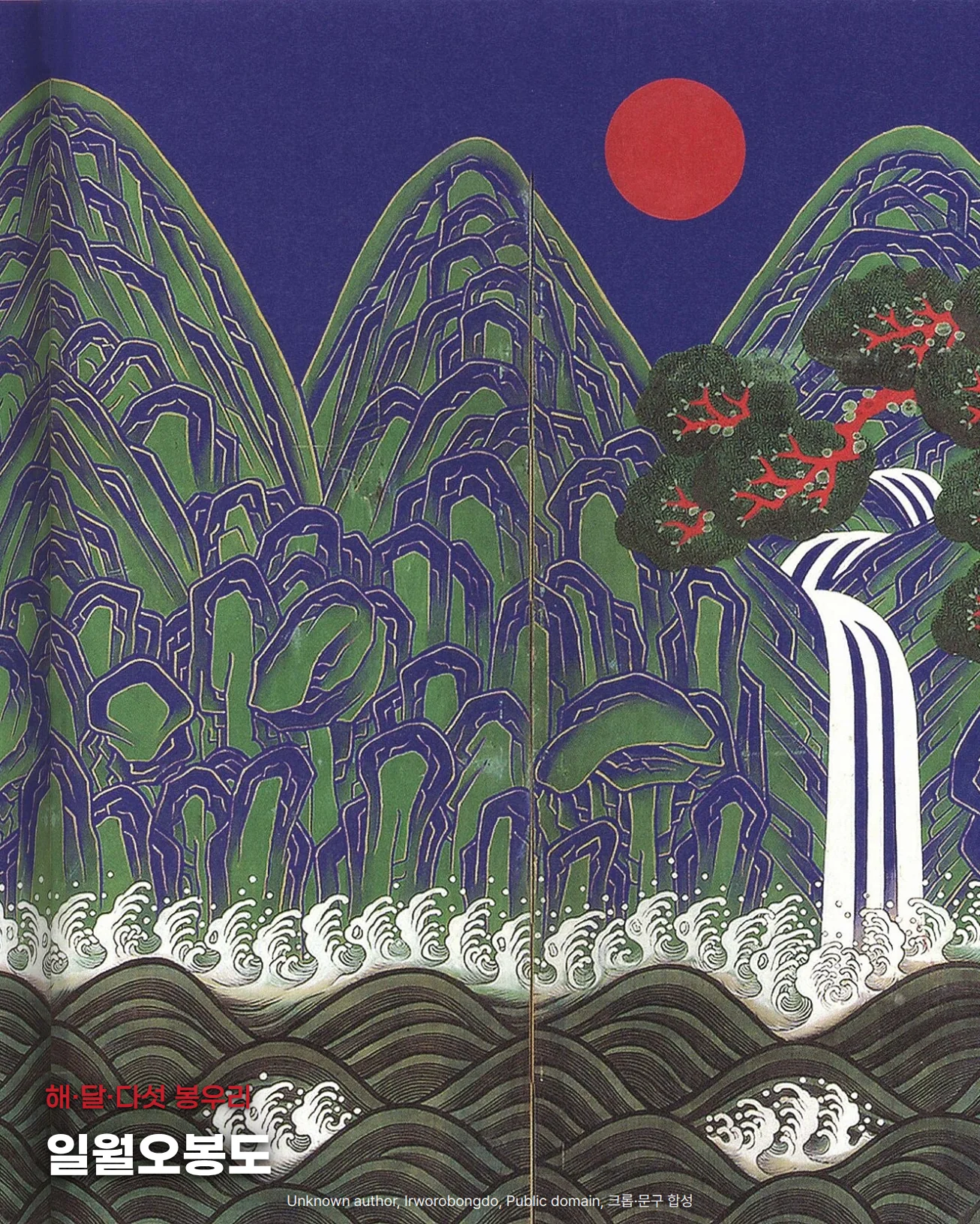 짙은 남색 하늘에 붉은 해가 뜨고, 초록과 남색으로 겹겹이 그린 봉우리 사이로 흰 폭포가 흘러내리며, 아래로 물결이 일렁이는 「일월오봉도」 병풍 일부 사진 위에 '해·달·다섯 봉우리', '일월오봉도' 문구가 놓인 앨범 이미지
