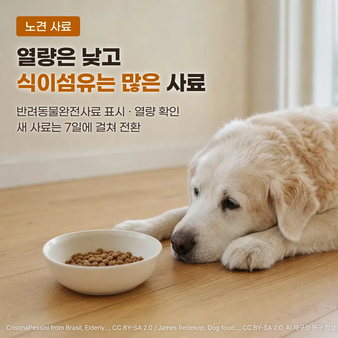 밝은 거실의 원목 바닥에 얼굴에 흰 털이 내려앉은 노견이 앞발에 턱을 대고 엎드려 있고, 그 앞에 갈색 건식 사료가 담긴 흰 도자기 그릇이 놓인 사진 위에 '노견 사료' 배지, '열량은 낮고 식이섬유는 많은 사료' 제목, '반려동물완전사료 표시 · 열량 확인, 새 사료는 7일에 걸쳐 전환' 부제가 있는 커버 이미지