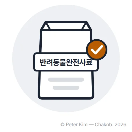 사료 포대 앞면에 '반려동물완전사료' 표시 띠가 있고 그 옆에 주황색 체크 표시가 있는 그림