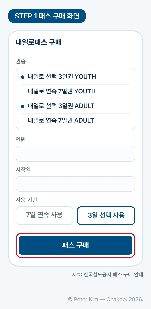 코레일+ 내일로패스 구매 화면을 그린 그림입니다. 위에서부터 권종 목록(내일로 선택 3일권 YOUTH, 내일로 연속 7일권 YOUTH, 내일로 선택 3일권 ADULT, 내일로 연속 7일권 ADULT), 인원과 시작일 입력 칸, 사용 기간의 '7일 연속 사용'과 '3일 선택 사용' 버튼이 있고 '3일 선택 사용'이 선택되어 있으며, 맨 아래에 '패스 구매' 버튼이 있습니다.